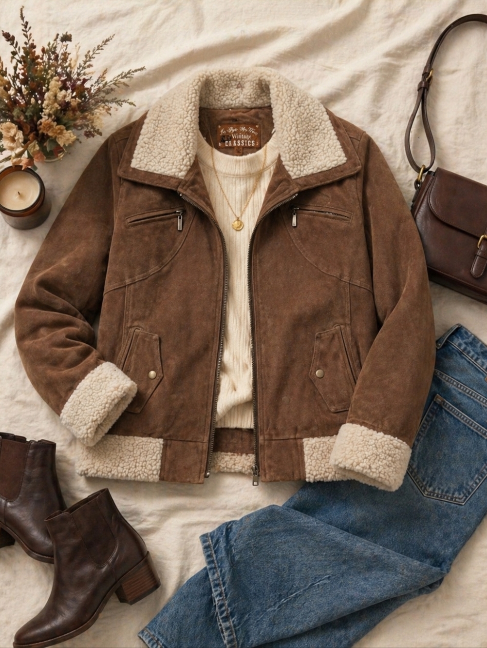 Vintage Shearling Jacket Brown Faux Suede Sherpa Lined Aviator Coat Y2K